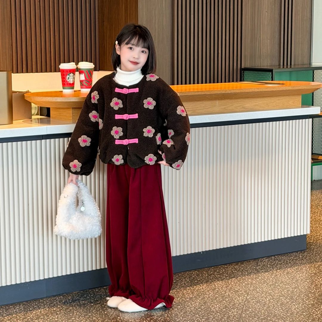 2025秋冬女童复古高级禅意花朵棉服精致新中式时尚加绒花苞裤两件
