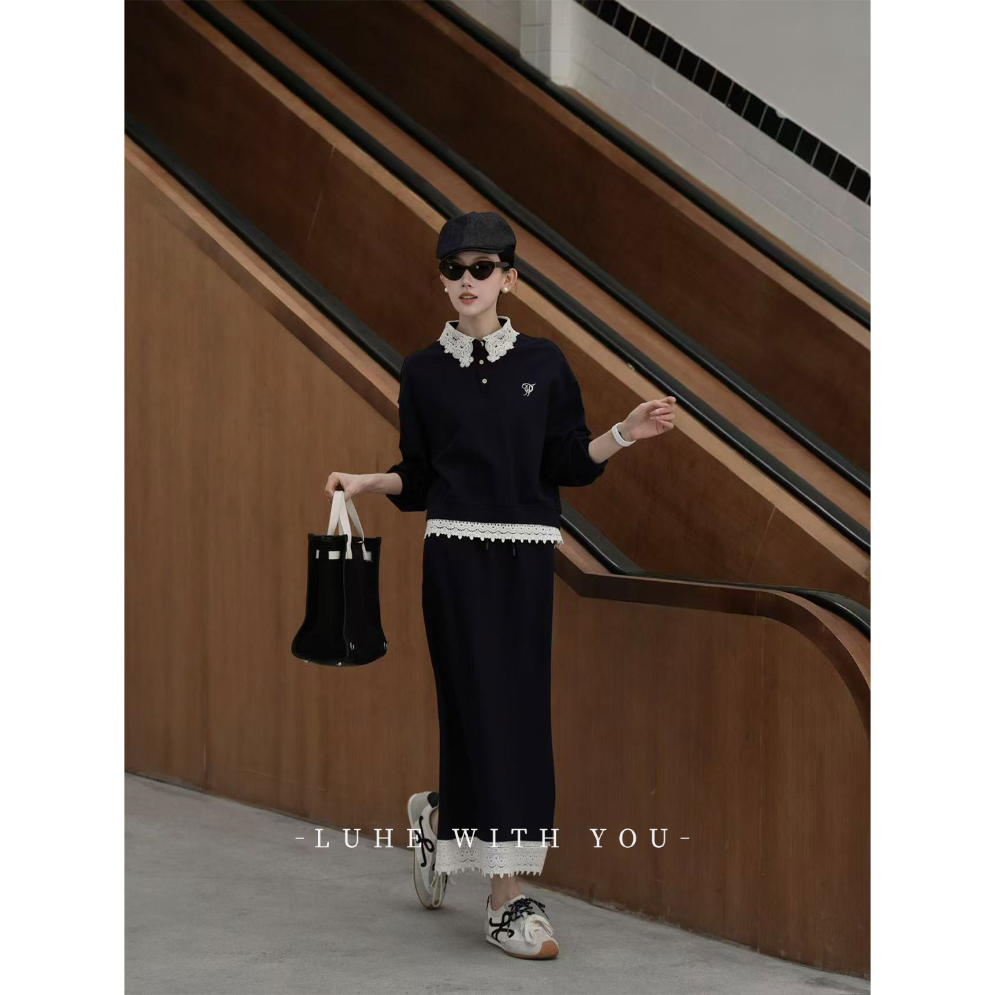 LUHE【圣约翰公学】hehe私服~静奢学院人棉针织上衣+半裙