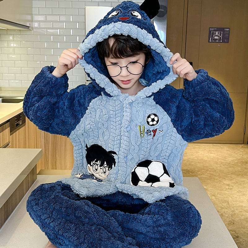 男童睡衣秋冬珊瑚绒保暖柯南加厚连帽加绒儿童青少年法兰绒家居服