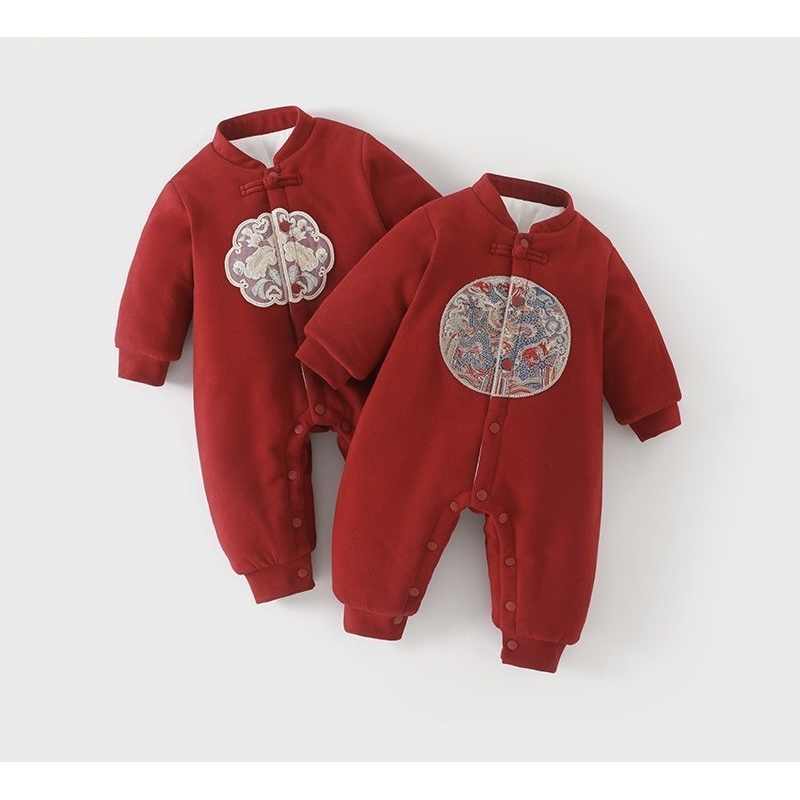中国风新生婴儿连体衣秋冬装夹棉加厚保暖哈衣男女宝宝百天满月服