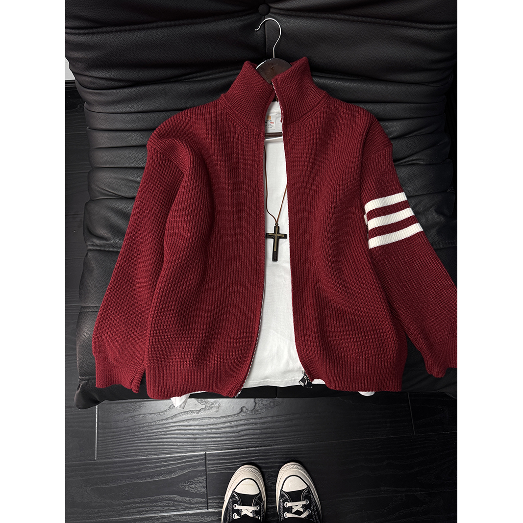 cleanfit双拉链针织外套男款秋冬条纹设计感立领开衫毛衣痞帅夹克