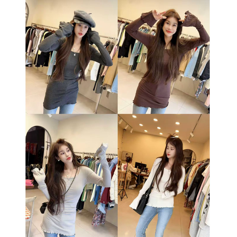 早秋新款褶皱方领显胸中长款打底衫修身长袖木耳边喇叭袖T恤女