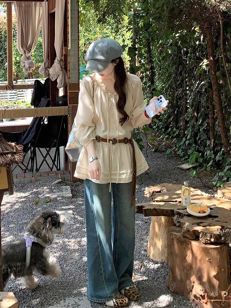 法式温柔木耳边抽绳衬衫夏季女纯欲甜美风长袖防晒衬衣上衣小个子