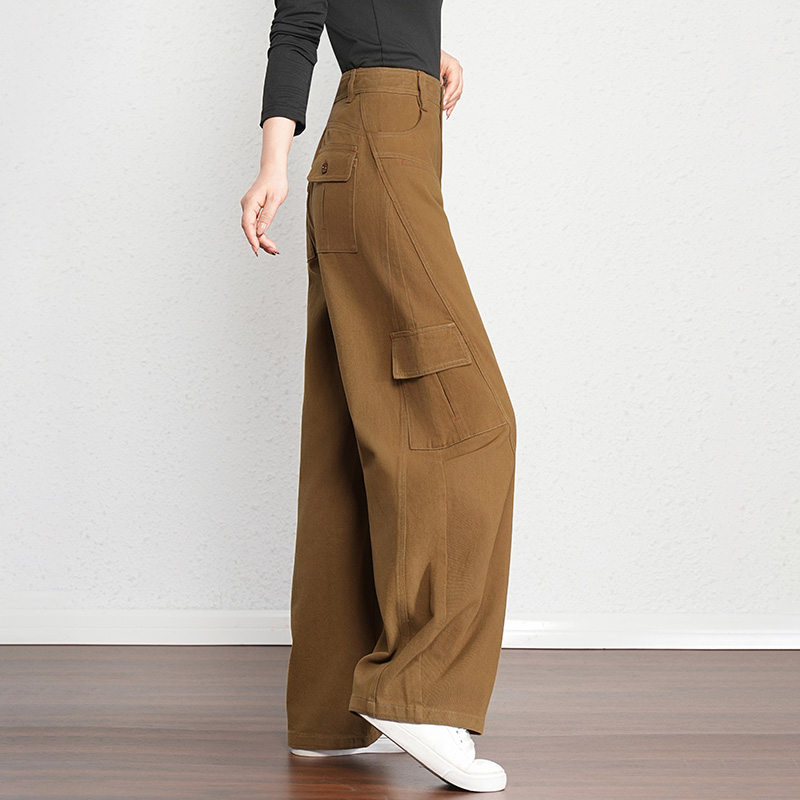 高腰阔腿牛仔裤大码工装裤卡其色高级感2025春秋新款显瘦休闲女裤