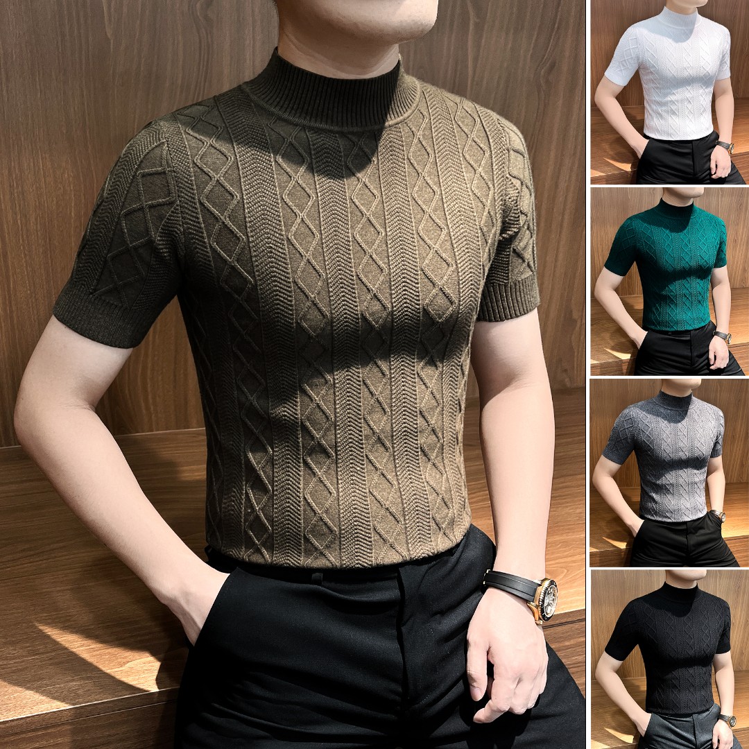 针织短袖男士打底衫男款爆款2025新款设计师男装高级感半高领t恤