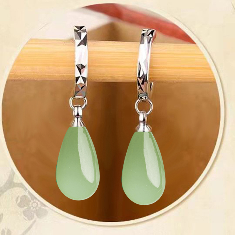 S999足银天然玉石耳环不过敏2026年新款简约大气耳扣耳坠耳饰品