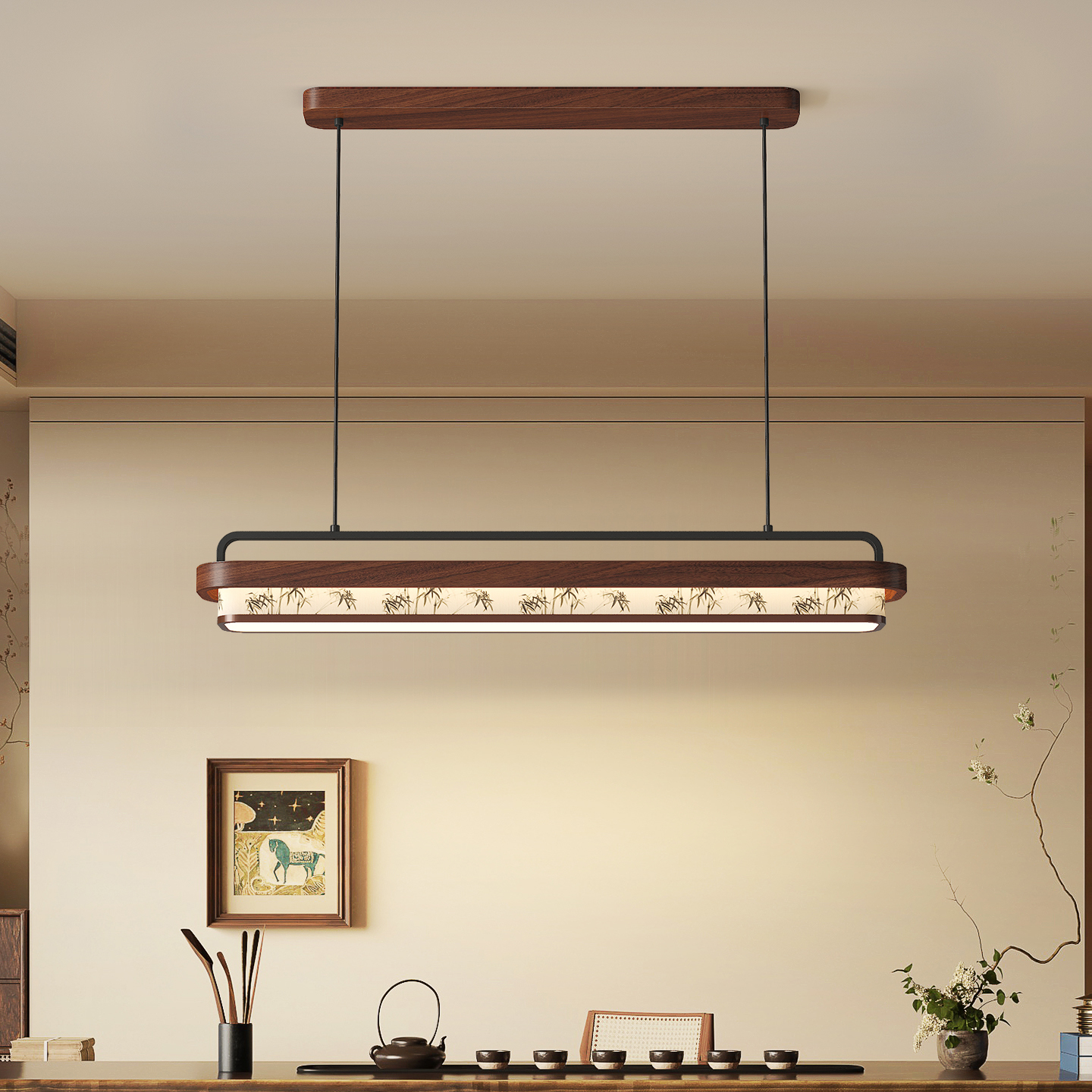 宋代美学新中式中古风吊灯餐厅灯茶桌灯禅意竹叶实木长条吧台吊灯