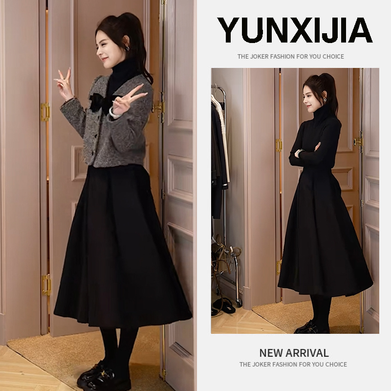 秋冬温柔系穿搭女2025新款洋气蝴蝶设计上衣高腰宽松长裙两件套