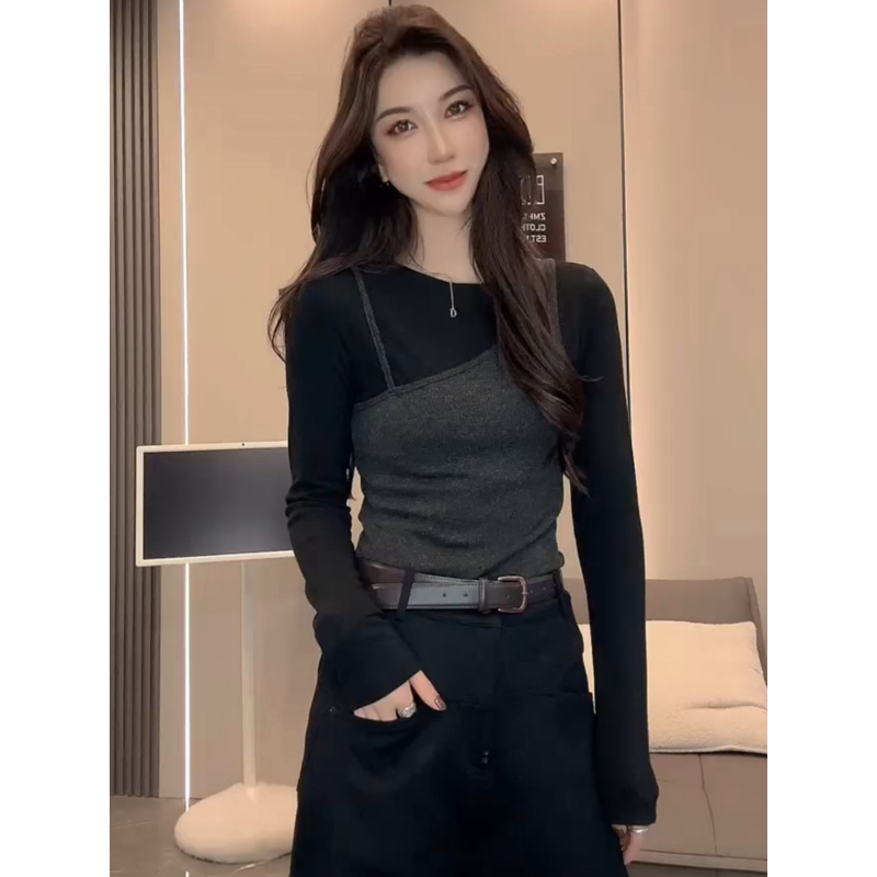 欧货设计感假两件长袖T恤女2025秋季新款修身显瘦打底衫内搭上衣