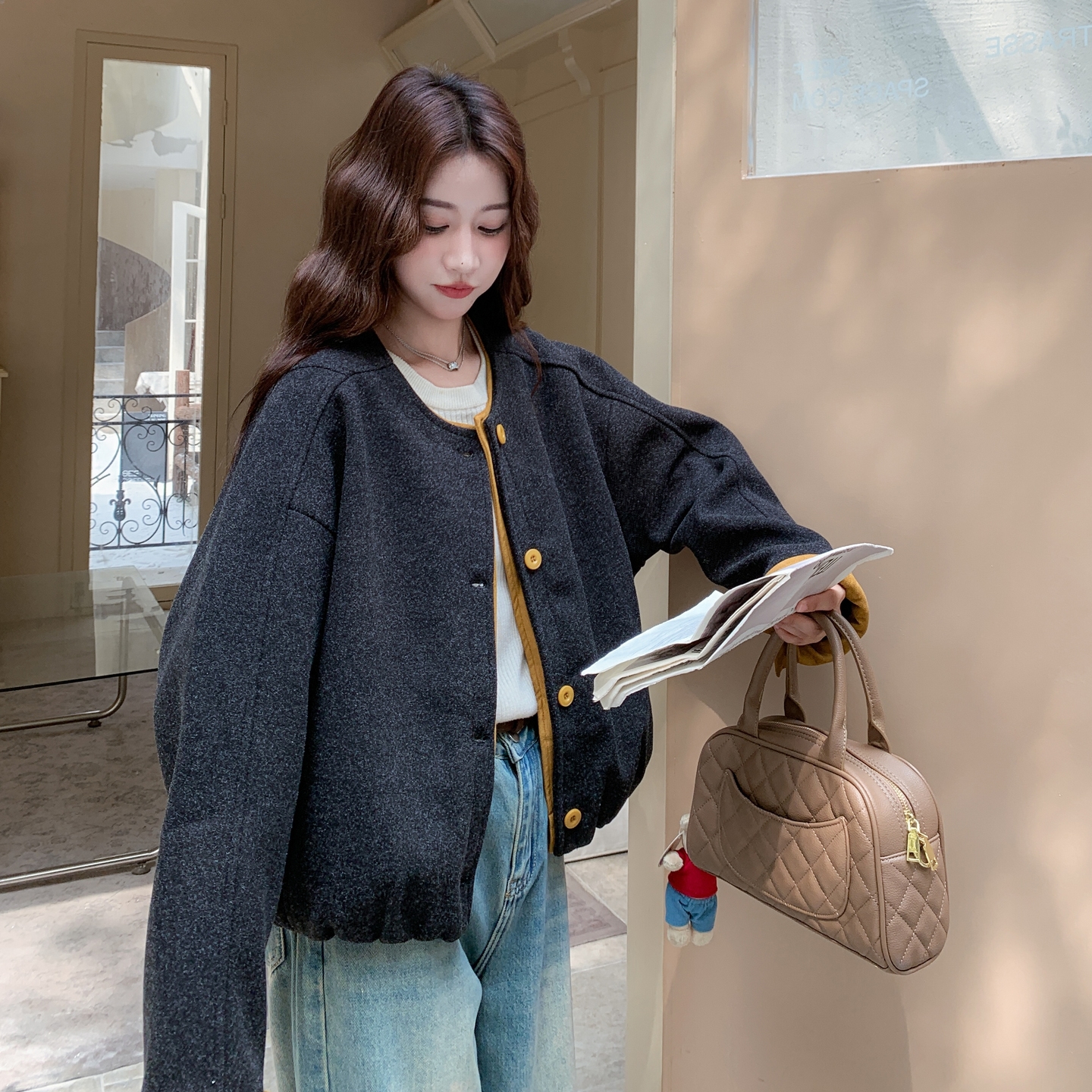 气质撞色设计双面呢外套女2025冬季新款日系文艺风小个子短款外套