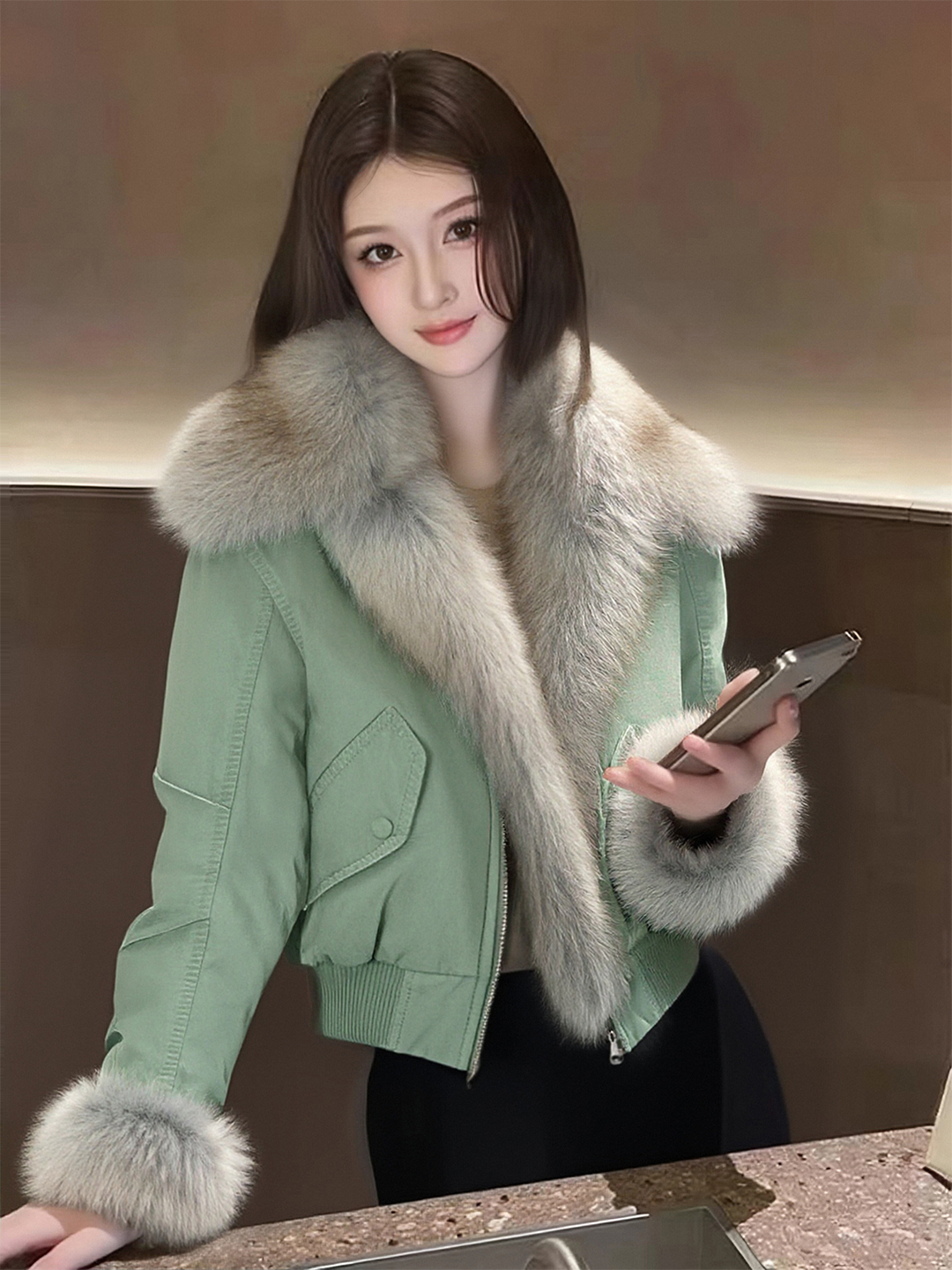 美式绿色高级感夹克外套女装冬小个子短款高级感独特漂亮加厚大衣