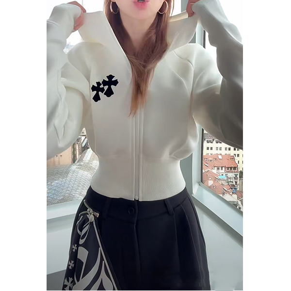 【克罗lulu】秋休闲风短款长袖后背印花连帽百搭卫衣开衫外套X0213