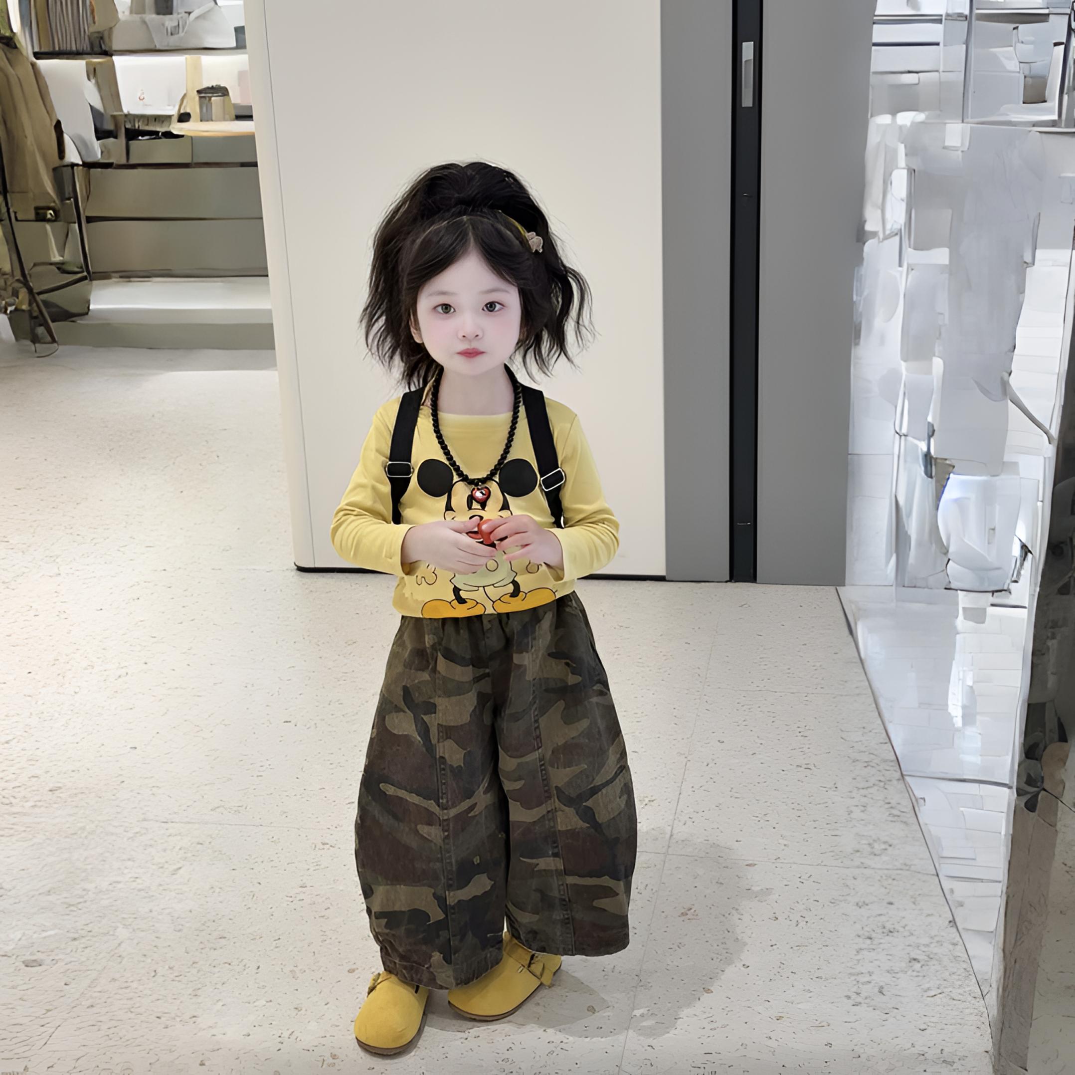 韩国童装2024秋装新款女童套装儿童卡通纯色长袖打底衫迷彩灯笼裤