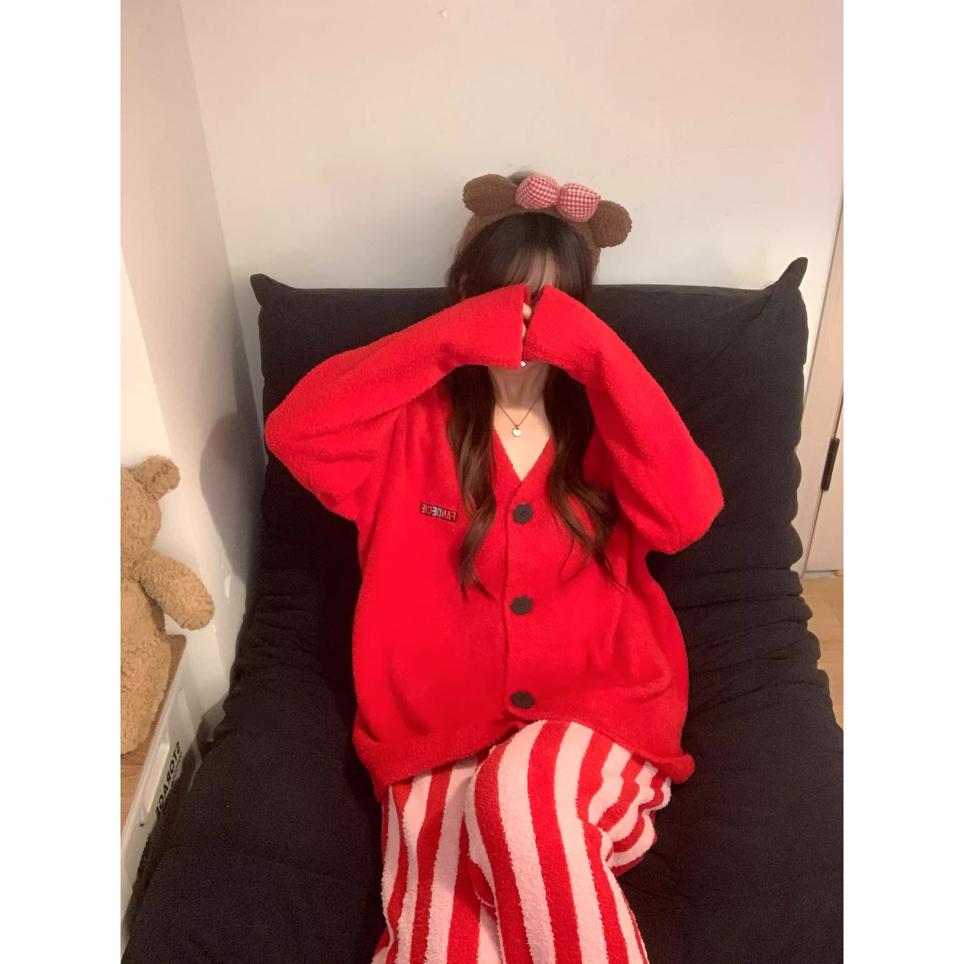 卡通可爱小猫印花针织半边绒睡衣女冬季款大码加厚家居服套装外穿