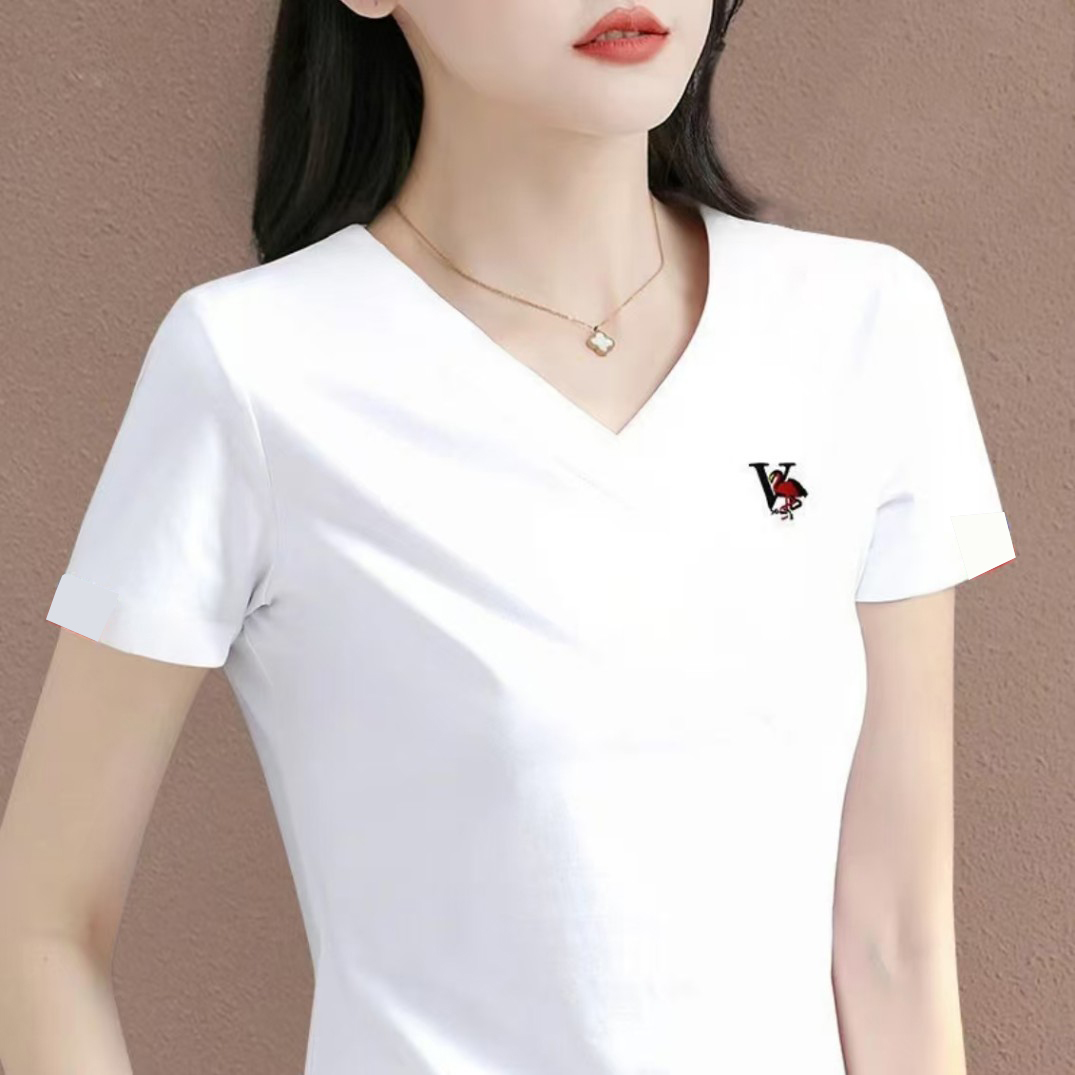 春夏季V领短袖T恤流行款上衣宽松休闲白色半袖打底T恤上衣