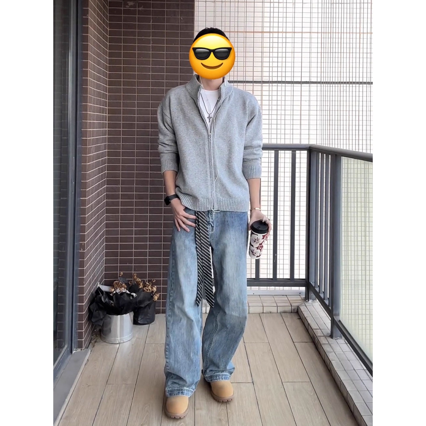王安宇同款RIMO冰蓝水洗cleanfit复古做旧牛仔裤男宽松直筒裤子