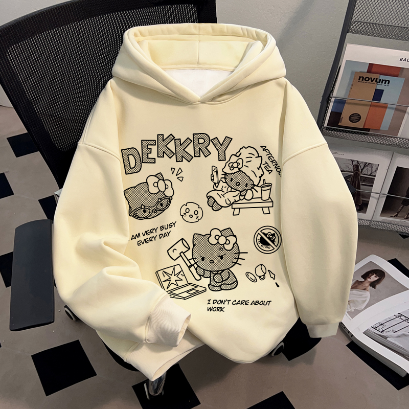 Dekkry韩版学院风卡通凯蒂猫印花秋冬无口袋连帽卫衣男女杏色上衣