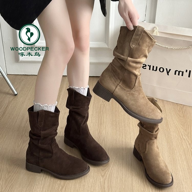啄木鸟西部牛仔复古短靴子女2025新款美拉德草原中筒堆堆靴马丁靴