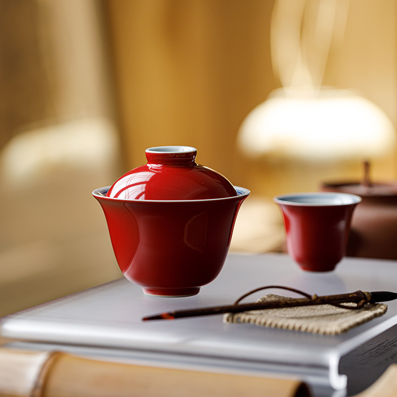 故宫红陶瓷二才盖碗手绘双线家用防烫手茶碗高颜值泡茶碗功夫茶具
