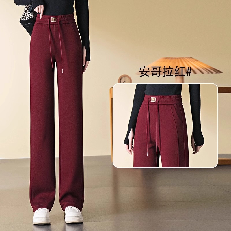 安可拉红休闲阔腿裤女2025秋冬新款加绒加厚保暖窄版运动裤直筒裤