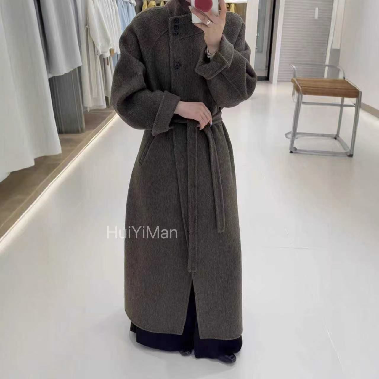 2025新品韩版双面羊毛大衣斜扣秋冬长款气质立领系带毛呢外套毛呢