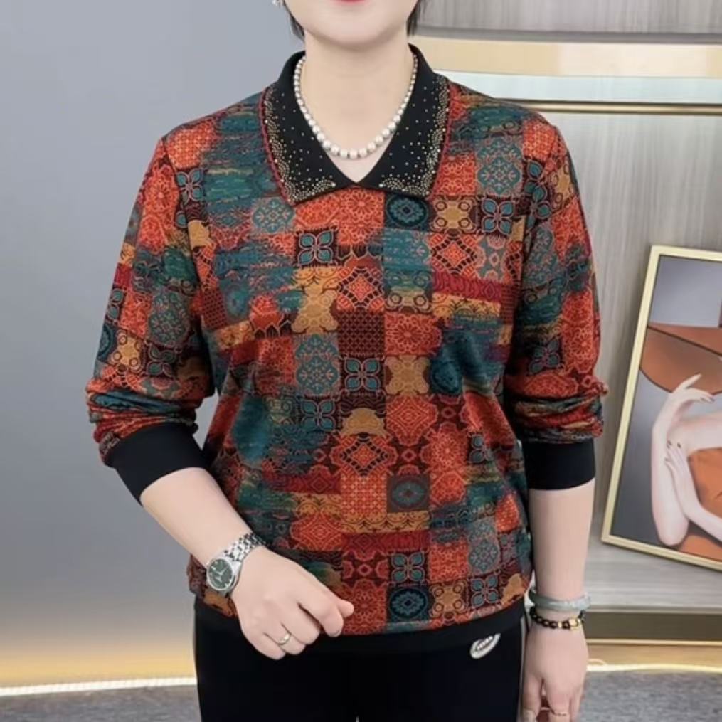 秋季新款时尚翻领烫钻格子洋气妈妈装休闲气质百搭长袖上衣H7012