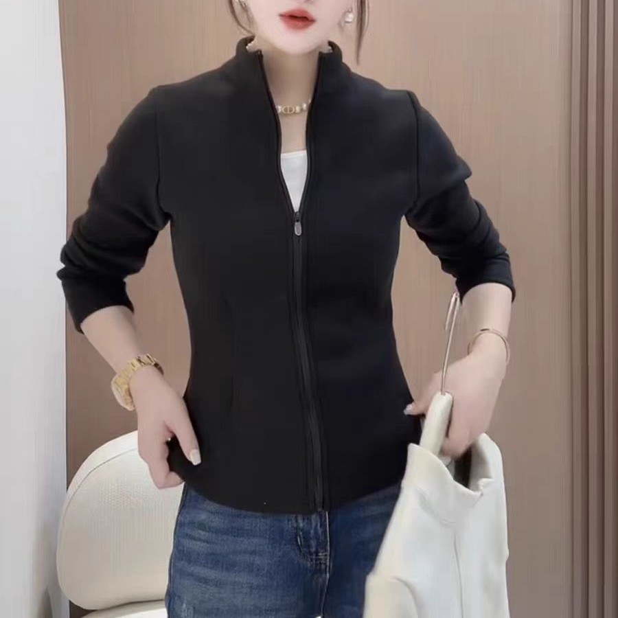 美美服0765石墨烯显瘦设计感鱼骨立领开衫爆款修身长袖