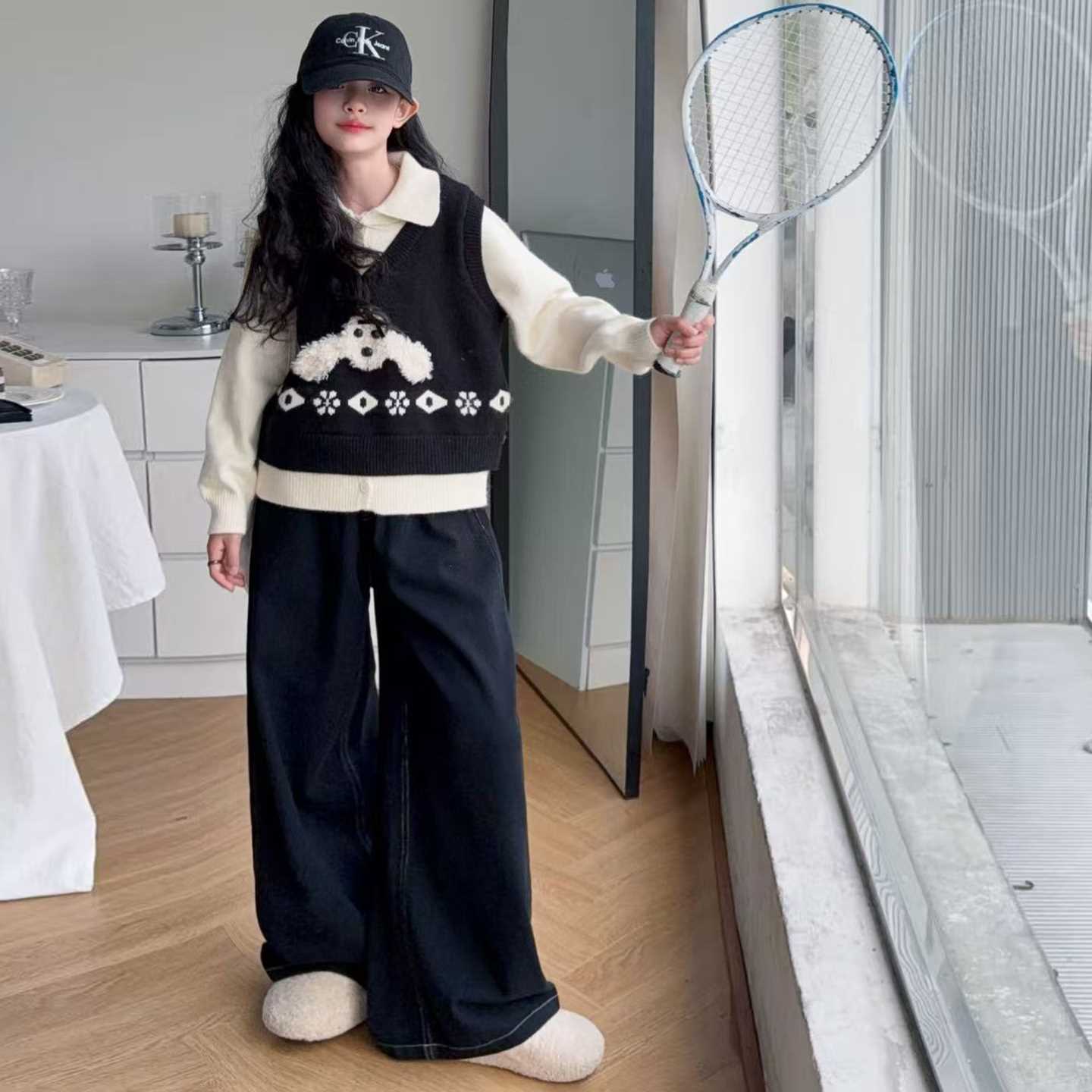 法式学院风假两件毛衣两件套女童2025春秋新款洋气宽松针织套装