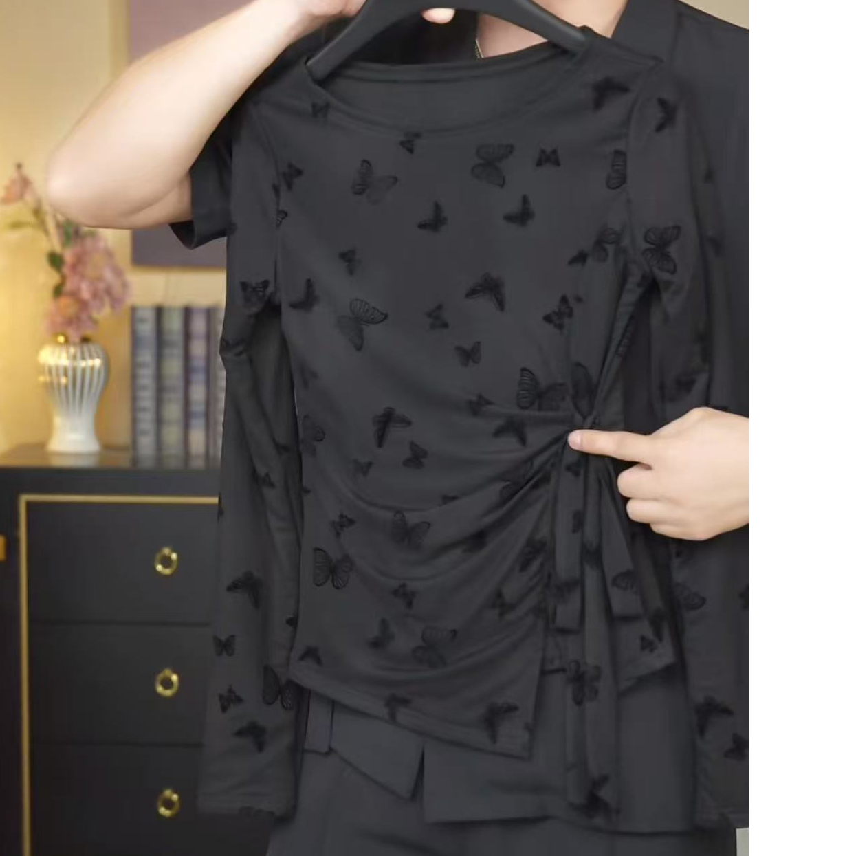 【黑蝶梦境】2025秋冬绑带蝴蝶黑色长袖T恤女修身显瘦打底衫上衣潮