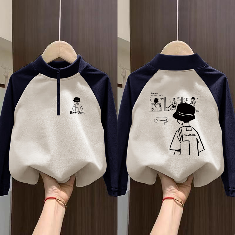 男童德绒拼色打底衫儿童冬季保暖磨毛半高领休闲内搭上衣服中大童