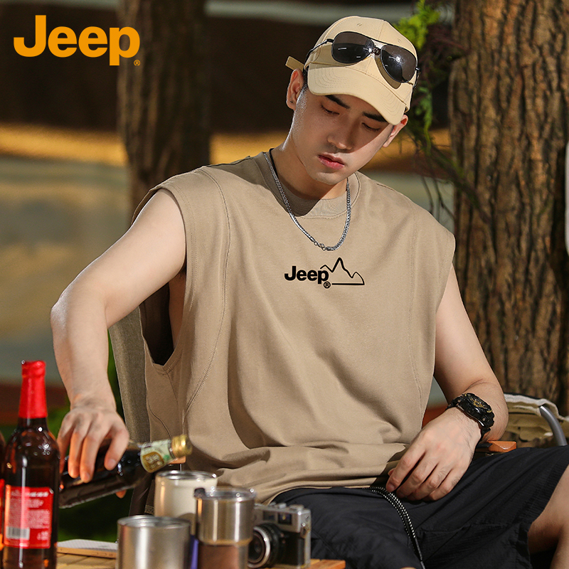 JEEP/吉普重磅背心男士夏季篮球运动坎肩上衣美式纯棉健身无袖T恤