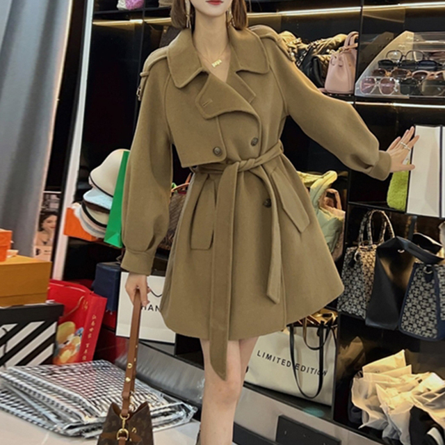 简漫羊绒馆秋冬新款双面羊毛大衣女中长款气质显瘦系带毛呢外套女