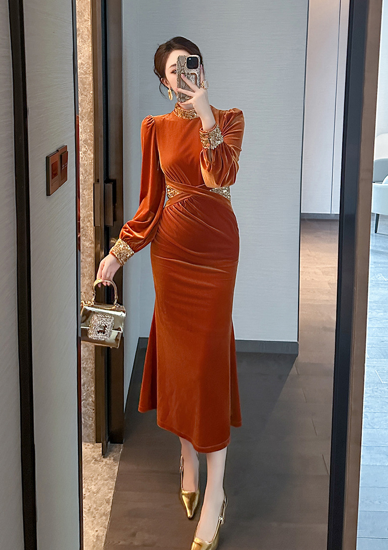 【实拍】丝绒连衣裙秋冬新款女士洋气高级复古正式场合晚宴年会礼服