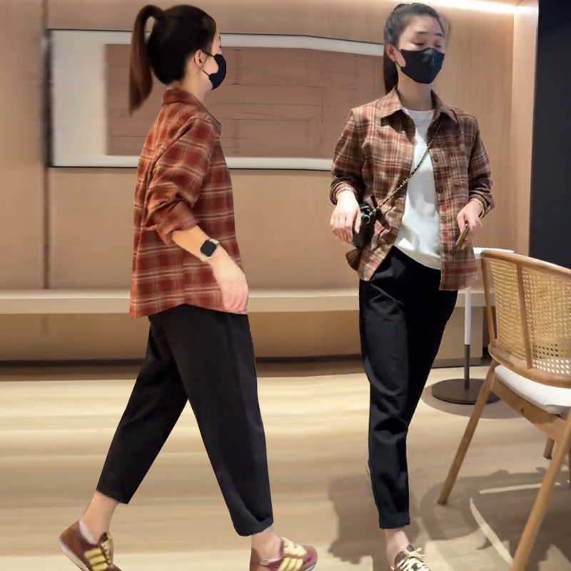 磨毛加厚撞色格子衬衫外套女2025秋装新款时尚流行显瘦上衣衬衫