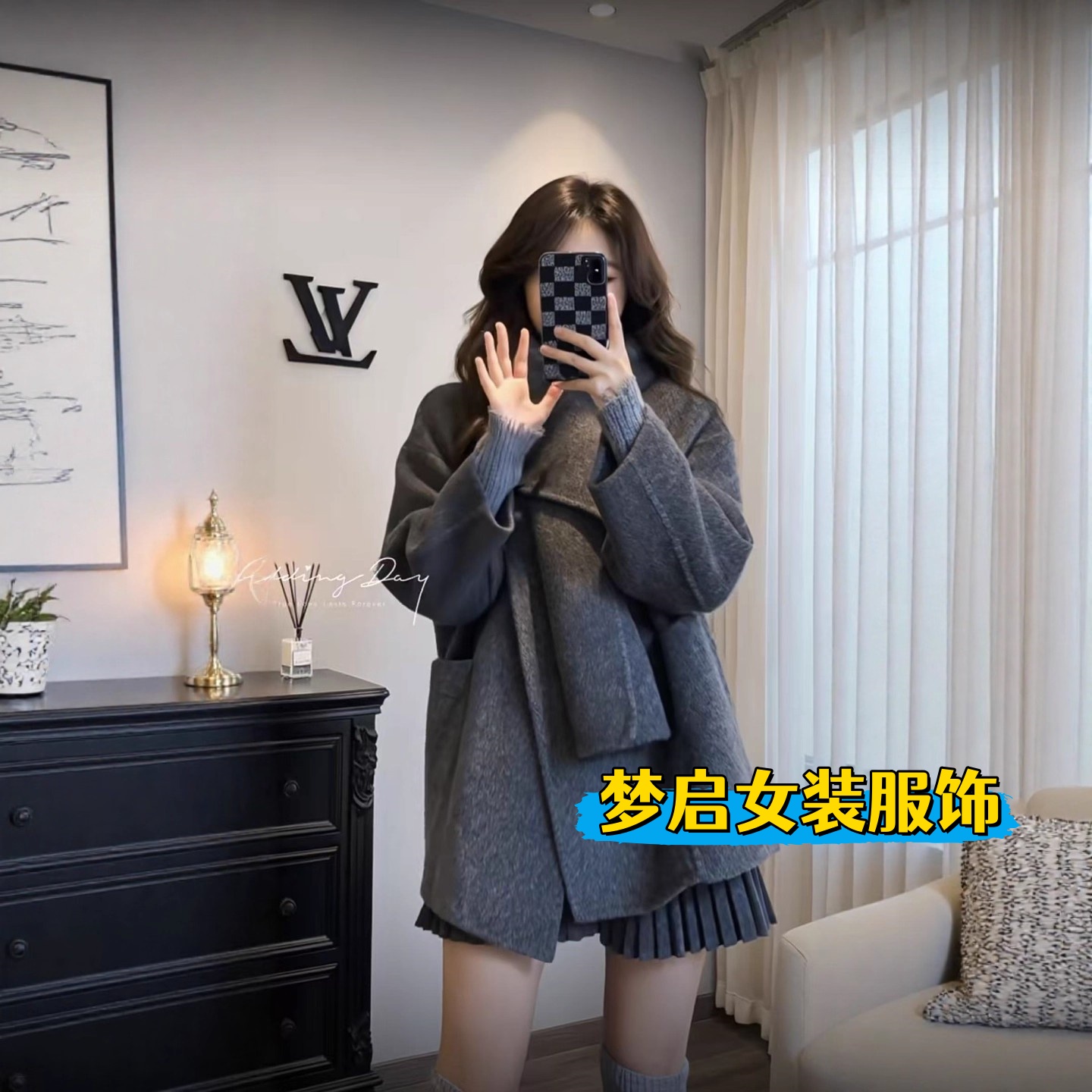 韩系一整套深冬穿搭独特超好看围巾领毛呢外套半身裙气质两件套女