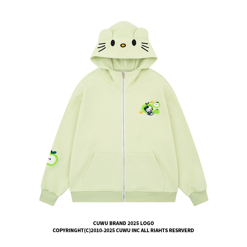 cuwu绿色多巴胺苹果kitty猫刺绣连帽卫衣女男秋季宽松开衫外套潮