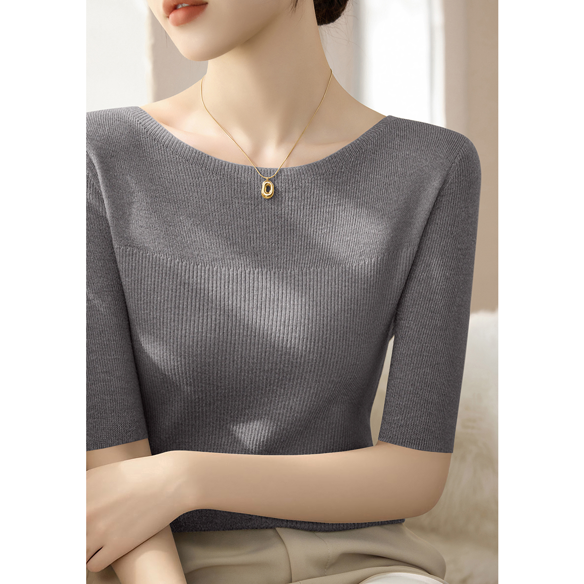 一字领套头修身显瘦五分袖t恤针织衫女装秋季新款百搭薄款上衣