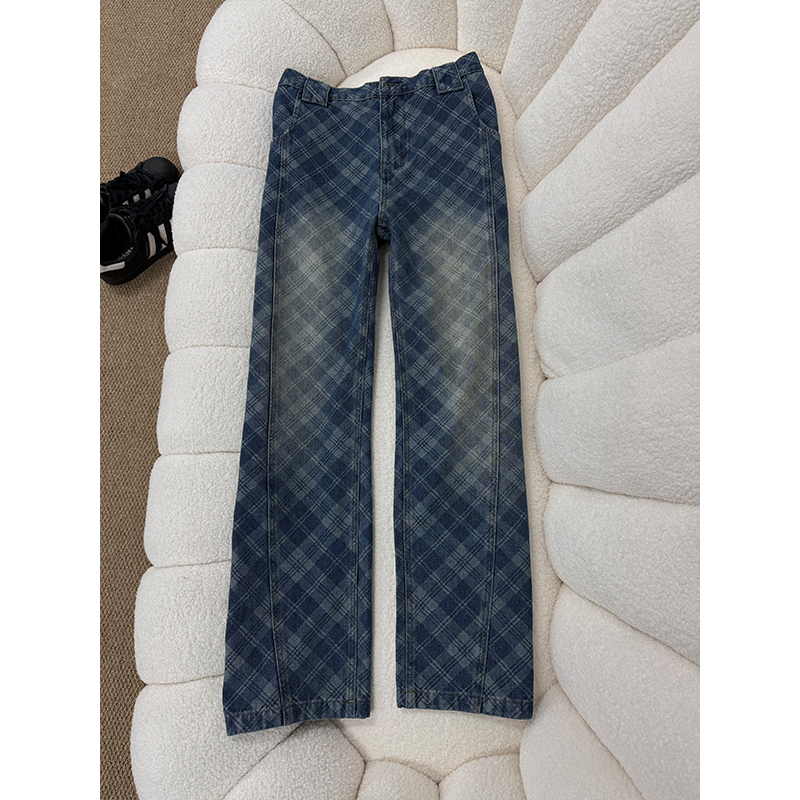 美式复古水洗斜切弯刀格纹牛仔裤男款直筒垂感阔腿裤宽松微喇长裤