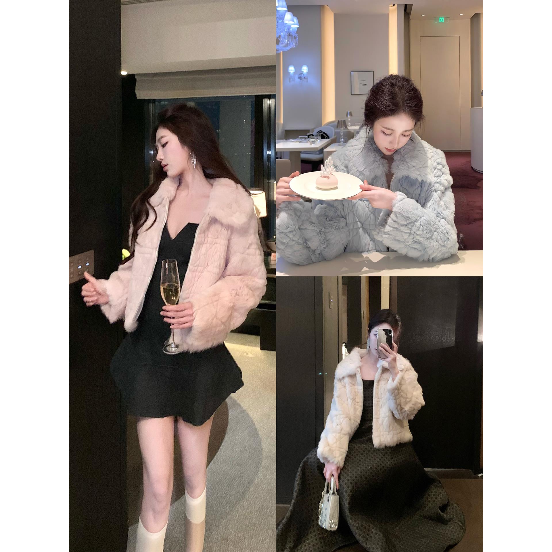 Amor D家千金 菱格典藏香香软软人造兔毛外套婴儿蓝雾粉色白色女