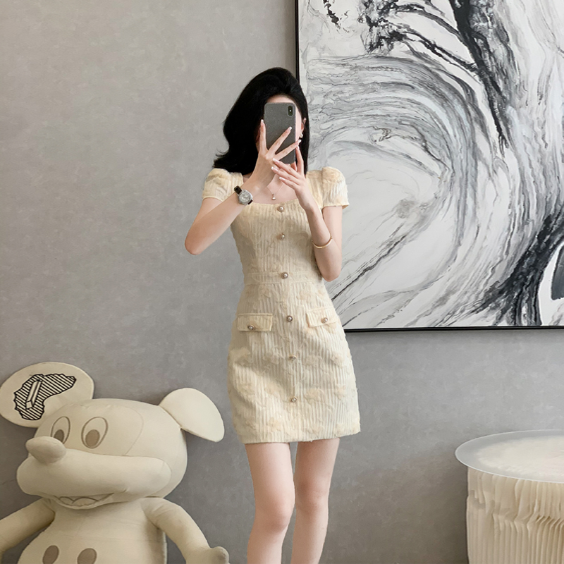 法式小香风连衣裙女夏季2025年新款正肩版型收腰礼服温柔方领裙子