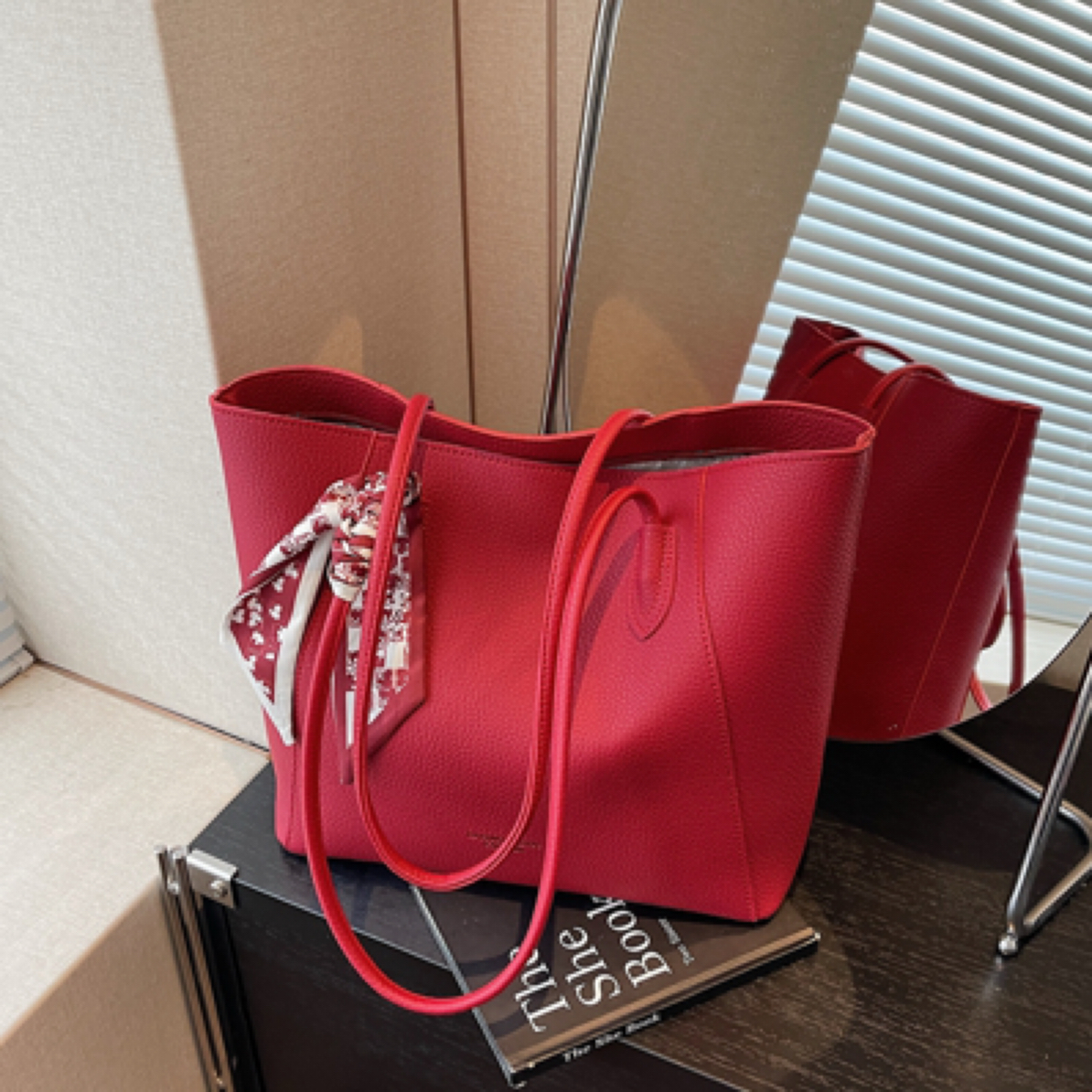 红色婚包荔枝纹大容量包包女2025新款单肩通勤包新娘结婚托特包