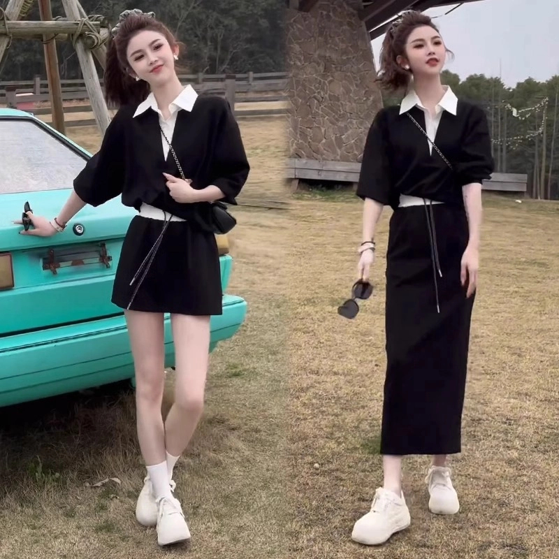 时尚套装裙女2025春季新款时髦洋气翻领假两件上衣半身裙两件套裙