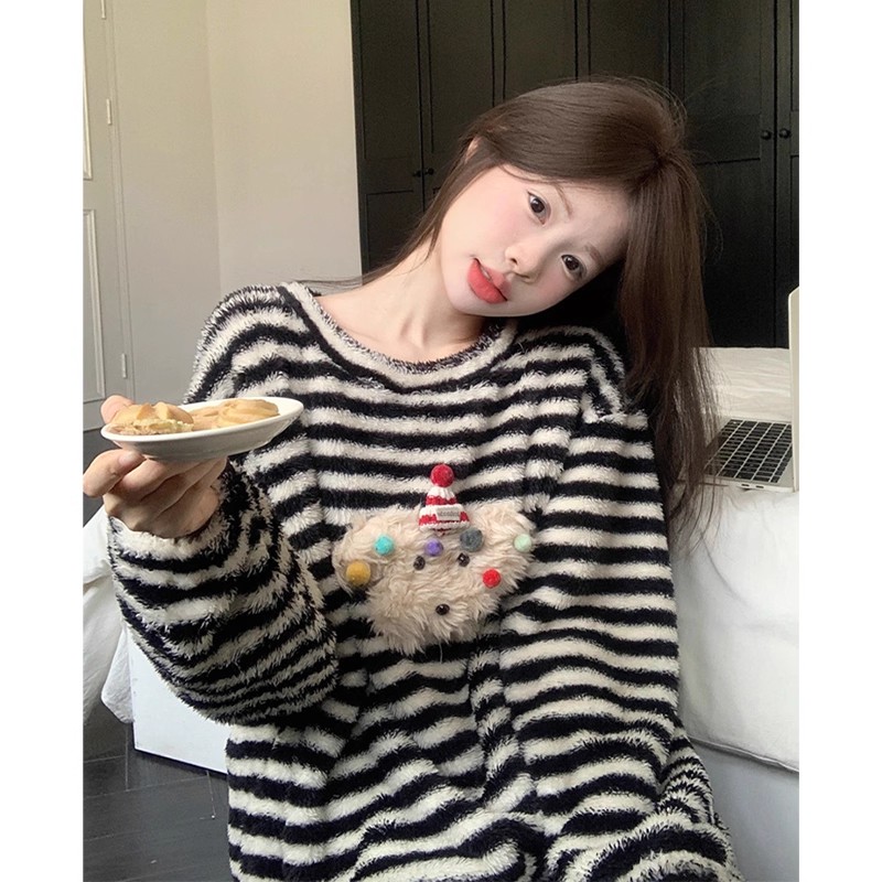 珊瑚绒睡衣女款秋冬季2025新款条纹法兰绒加厚加绒大码家居服套装