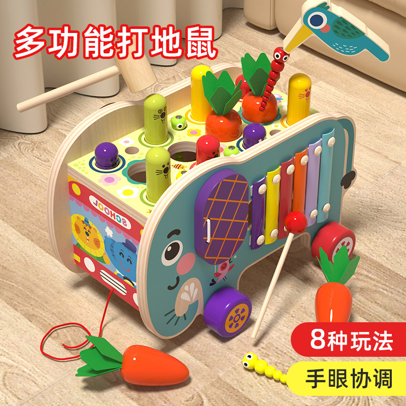 木制玩具大象敲琴打地鼠恐龙拖拉车敲打配对益智亲子早教玩具