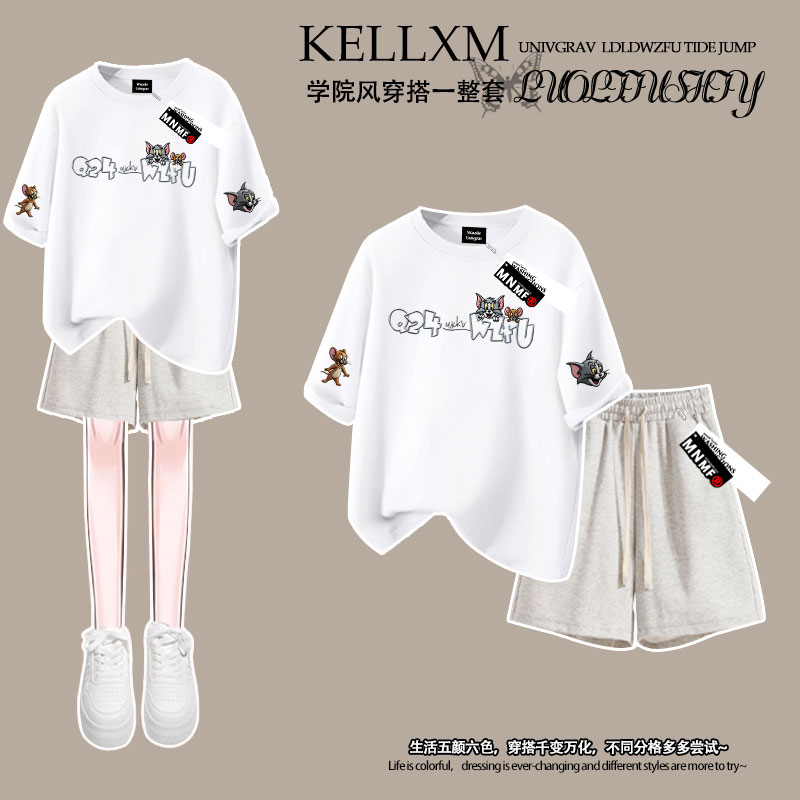 2025夏季女童纯棉短袖t恤短裤套装卡通猫和老鼠印花中大童两件套