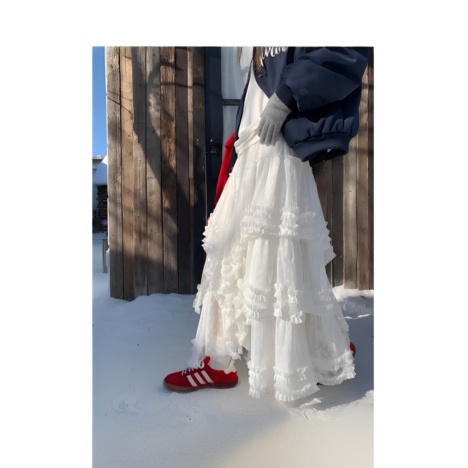 重工蕾丝拼接网纱半身裙冬季新款高级感木耳边松紧百搭蕾丝长裙