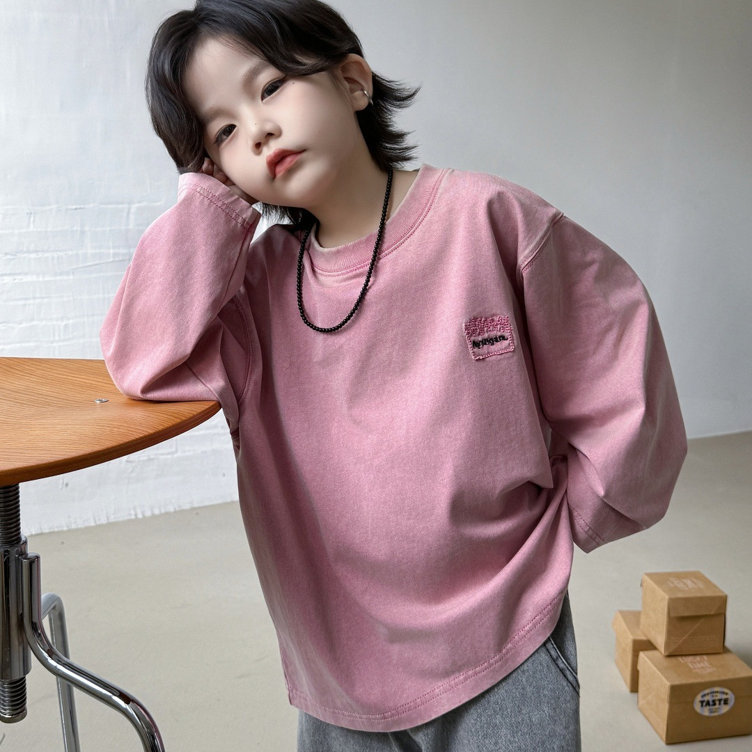【T恤】2025年秋季男童粉色上衣圆领印花炒色长袖中大童女童潮童装
