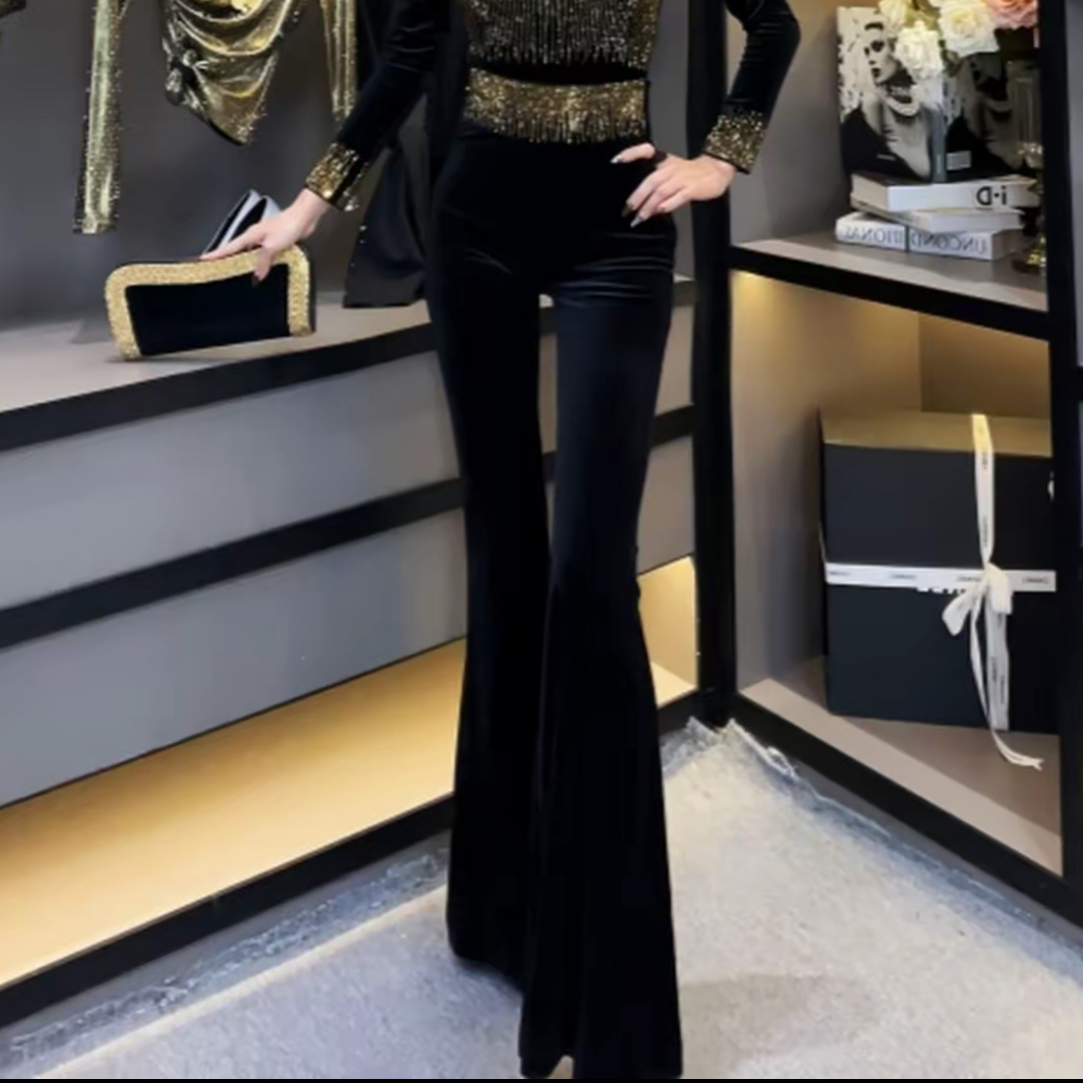 米欧严选2025秋冬设计感高腰烫钻休闲拖地微喇裤气质显瘦丝绒裤女