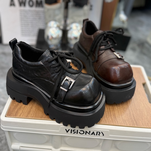 新款英伦风厚底金属扣真皮女乐福鞋增高百搭小皮鞋2670-19