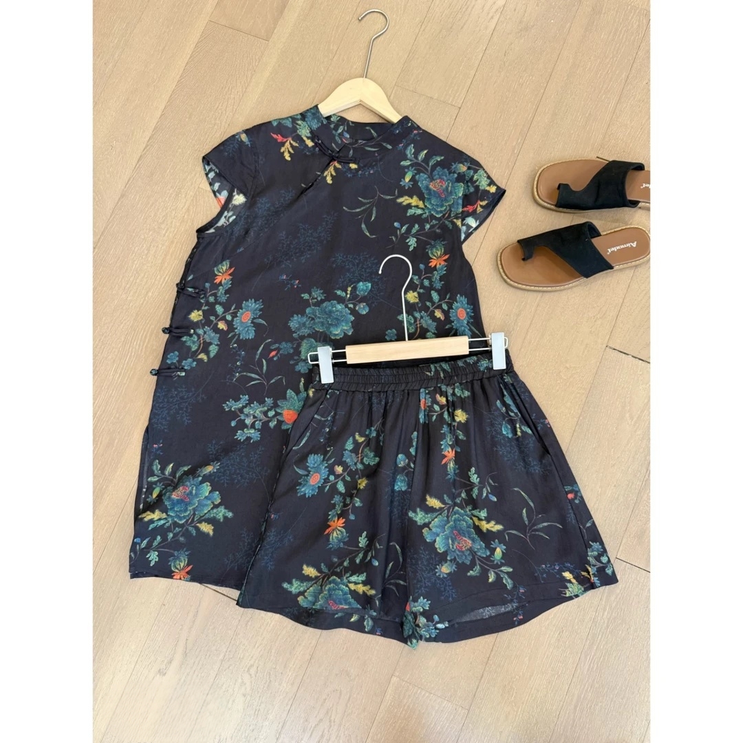 2026夏季新款时尚新中式宽松显瘦盘扣印花短袖上衣短裤两件套装女